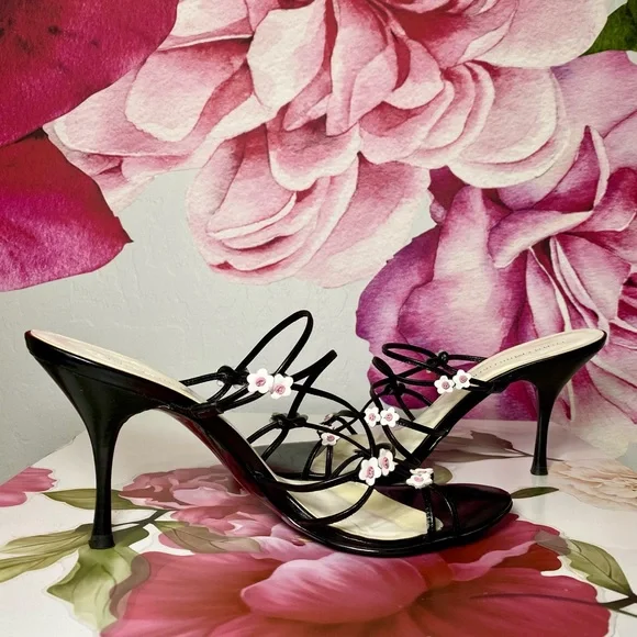 Tommy Hilfiger Black Strappy Heels with Pink Floral Accents - Picture 10 of 10